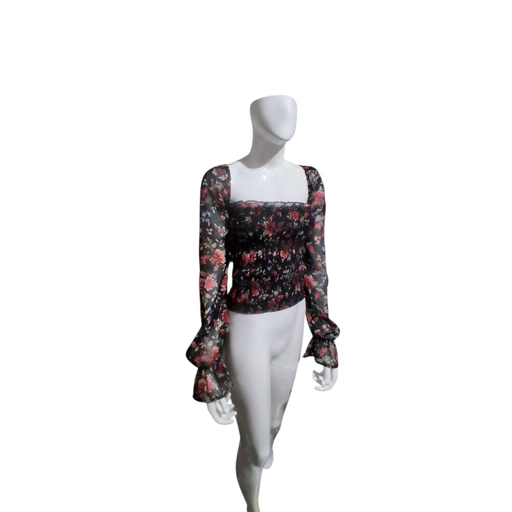 Mi Ami Smocked whimsical Fairycore Womens size Large Romantic Sheer Metallic Top - Picture 2 of 13